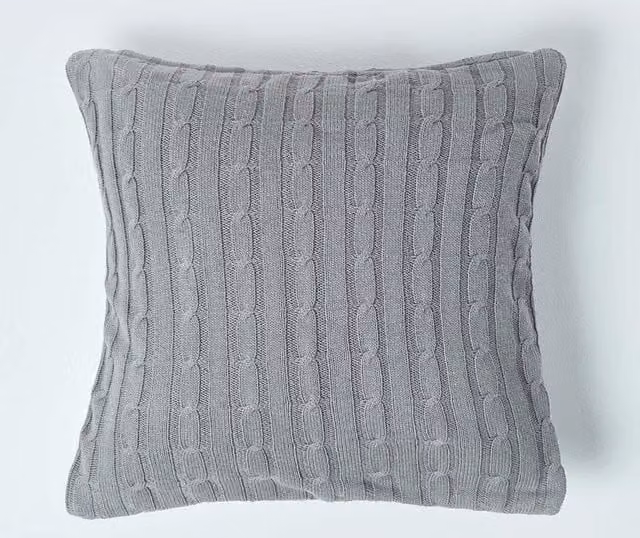 Homescapes Grey Cotton Cable Knit Square Cushion Cover, W/D/H: 45 x 45 x 45 cm