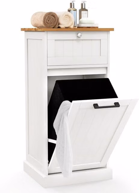 COSTWAY White Freestanding Laundry Cabinet with Hinged Doors and Internal Drawers