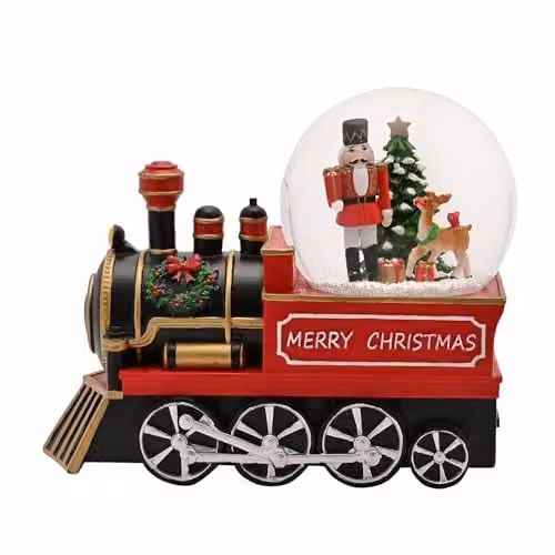 Widdop and Co Illuminated Steam Train Snow Globe Decorative Christmas Ornament in Red, Black and Multicolour, H: 16.0 cm, W: 8.0 cm, D: 8.0 cm