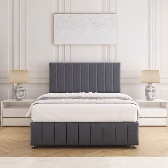 BSSPOKE Sierra Plush Velvet Divan Bed Set with 24 inch Headboard and Mattress in Charcoal Grey, Double, W/D/H: 140 x 200 cm