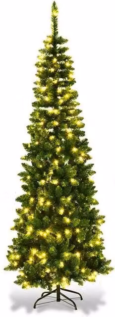 Shatchi Pre-Lit Artificial Slim Green Pencil Christmas Tree with Warm White LEDs and Metal Stand, Height: 213.36 cm