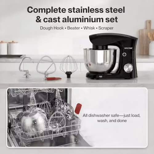 Spector 1500W Tilt-Head Electric Stand Mixer in Black with 5L and 4.5L Stainless Steel Bowls, 10-Speed Settings and Dough Hook, Whisk and Beater – 9