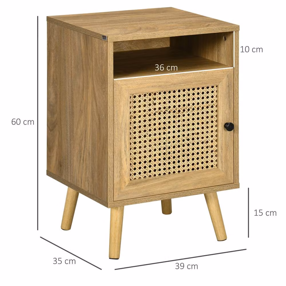 STILVORA Set of 2 Natural Wood and Rattan Wall Mounted Bedside Tables with Cupboard and Shelf in Brown – 3