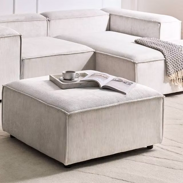 Wyld and Coco Off-White Corduroy Square Ottoman Footstool with Black Legs – 1