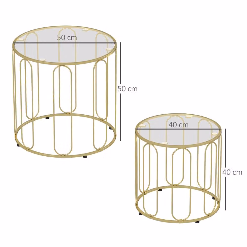 STILVORA Set of 2 Modern Round Nesting Coffee Tables with Gold Metal Frames and Glass Tops – 3