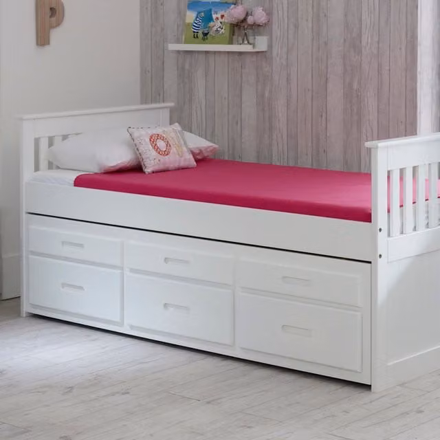 Captains TM Single Guest Bed with Underbed Storage Drawers in White Solid Pine Wood, 90 x 190 cm