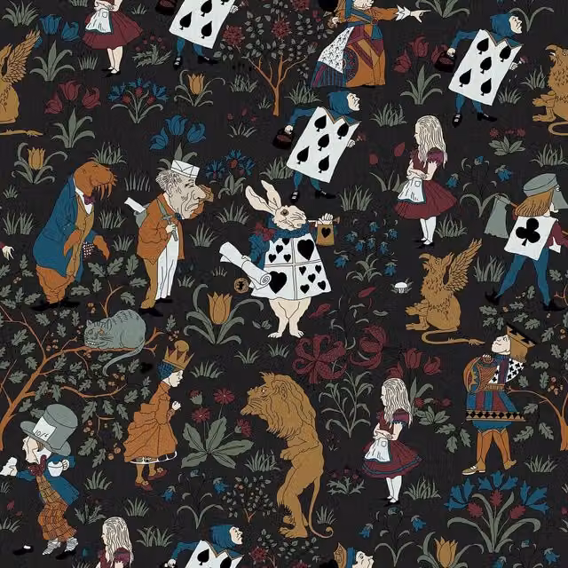 House of Hackney Alice in Wonderland Vintage Textile Wallpaper in Black and Multicolour