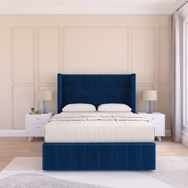 Sloomy Melbourne Upholstered Wingback Bed Set in Navy Blue Plush Velvet, Super King, W/D/H: 200 x 200 x 137.16 cm