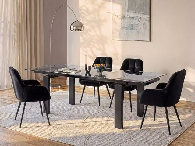 Vente-unique Modern Extendable Rectangular Dining Table in Black and Transparent Glass with Metal Frame – 1