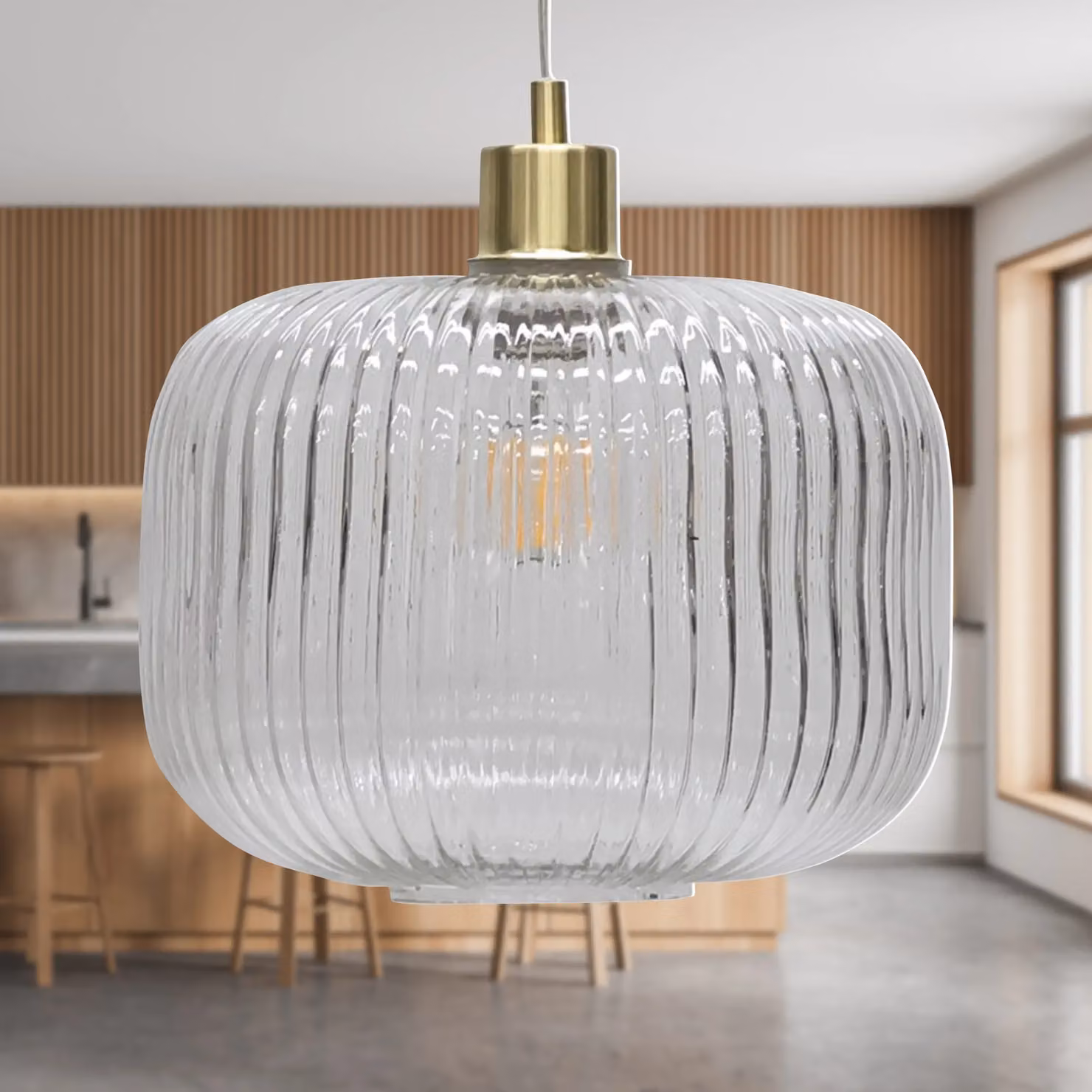 First Choice Lighting Batley Large Set of 2 Pendant Lights with Clear Ribbed Glass and Satin Brass Finish – 2