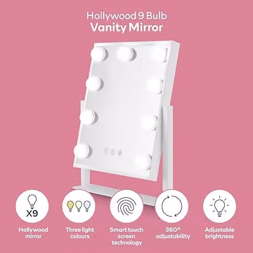 Carmen C85050WHT Hollywood Tabletop Vanity Mirror with 9 LED Bulbs, Metal Frame and Smart Touch Dimmer, White – 2