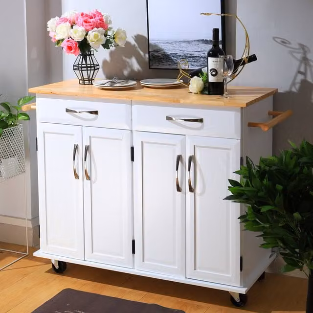 Livingandhome Modern Rolling Kitchen Trolley in White MDF
