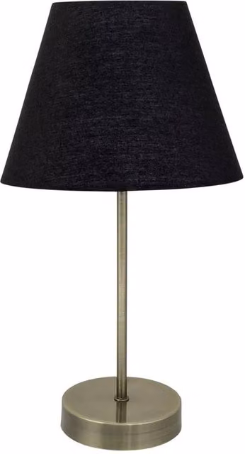 First Choice Lighting Antique Brass Stick Table Lamp with Black Fabric Shade
