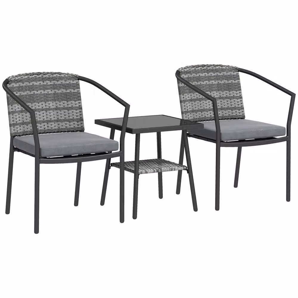 Wyld Haus Midi 3 Piece Bistro Set in Grey Rattan with Glass Table and Striped Cushions – 2