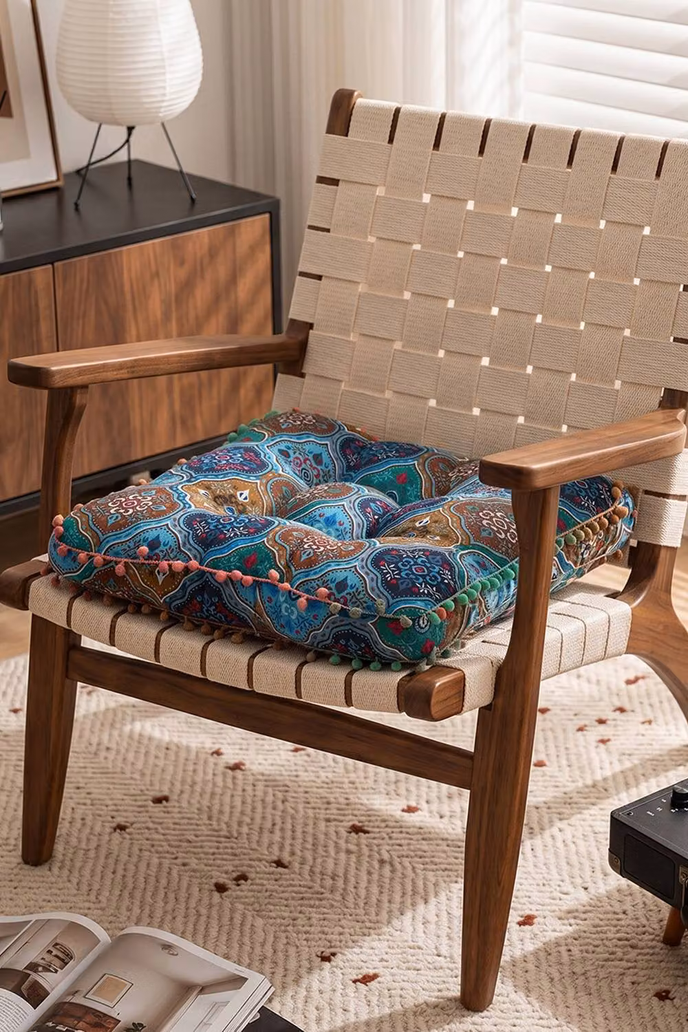 Living and Home Blue Linen Bohemian Floral Square Seat Cushion with Pom-Pom Trim – 2