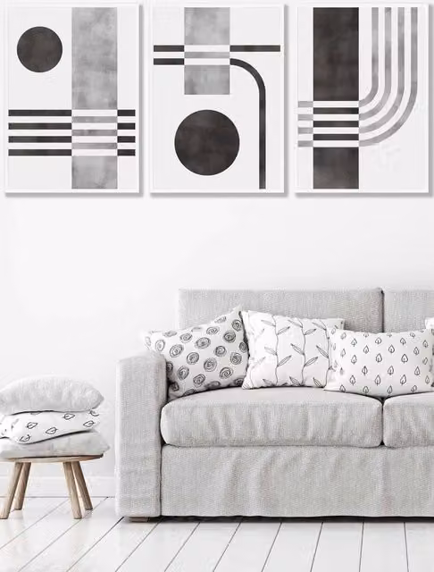 ARTZE Set of 3 Mid Century Abstract Geometric Wall Art in Black, Grey and White with White Frames, W: 33 cm, H: 45 cm, D: 2 cm