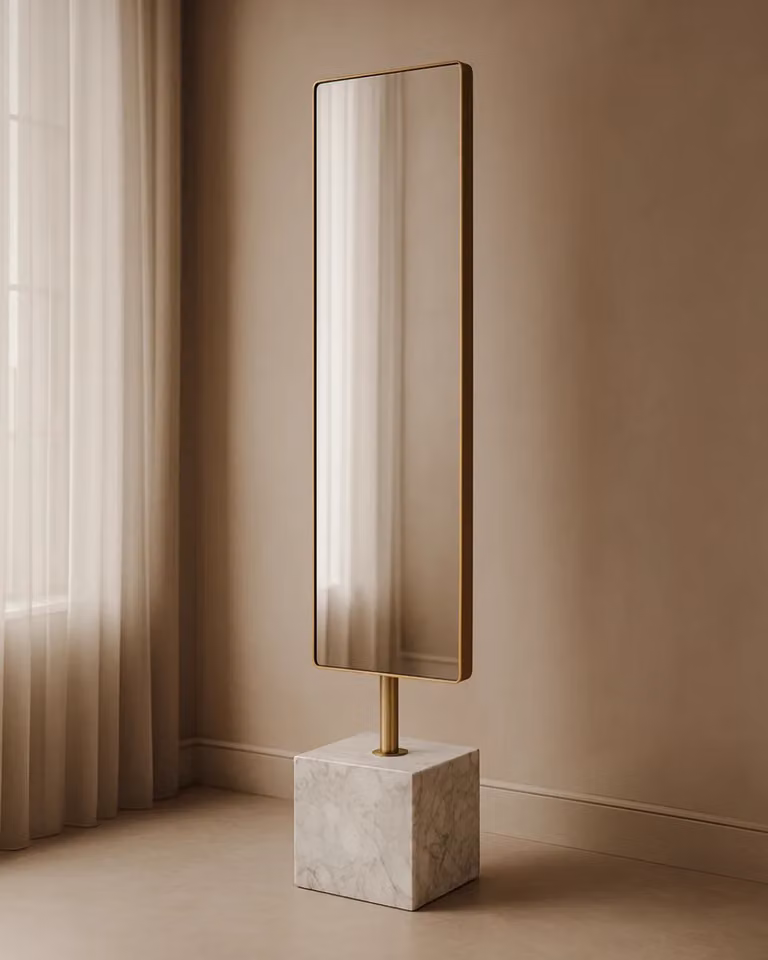 Tommy Franks Tetra Modern Rectangular Free Standing Mirror in White and Gold, H: 180 cm x W: 30 cm x D: 40 cm