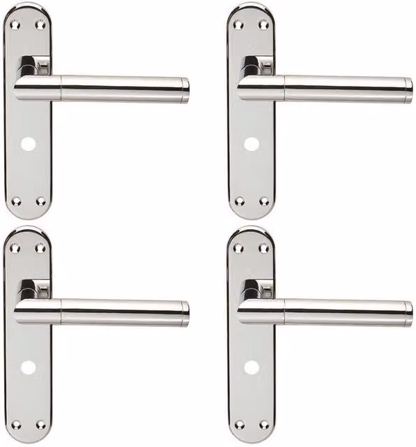 Loops 4x Round Bar Lever Bathroom Door Handle with Backplate in Polished Chrome, W: 180 mm x H: 40 mm