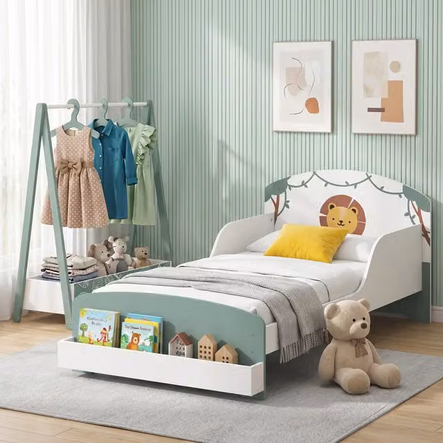 AIYAPLAY 2-Piece Kids Bedroom Set with Guardrails and Storage, Green Floral