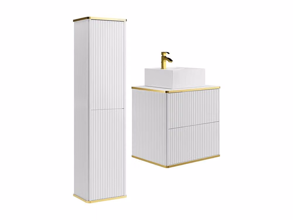 Vente-unique White and Gold Wall-Mounted Bathroom Vanity Unit and Tall Cabinet Set with Matt Finish, W/D/H: 60 x 47 x 54 cm – 2
