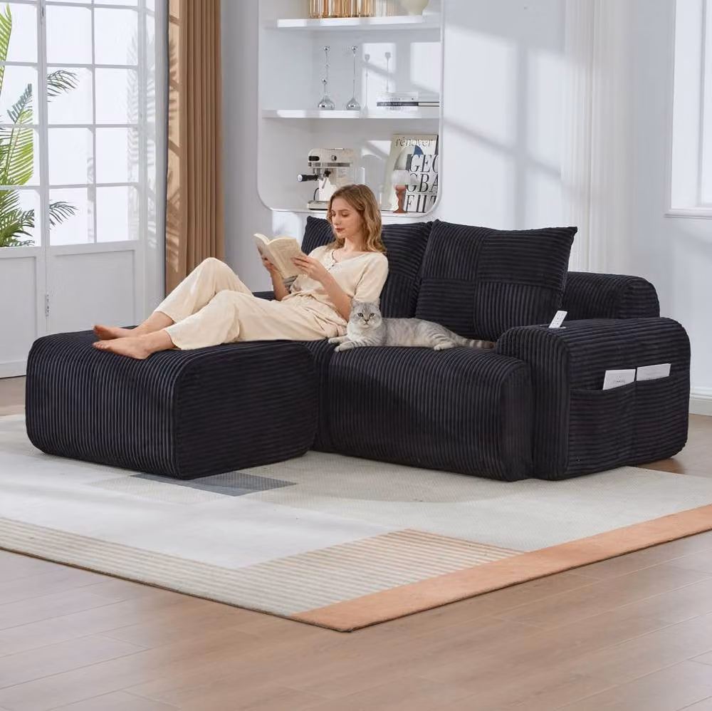 STILVORA 2-Seater Modular L-Shape Sofa with Cup Holder and Side Pocket in Black – 2