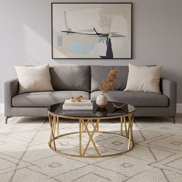 Fifty Five South Alana Round Coffee Table with Gold Metal Frame and Black Glass – 1