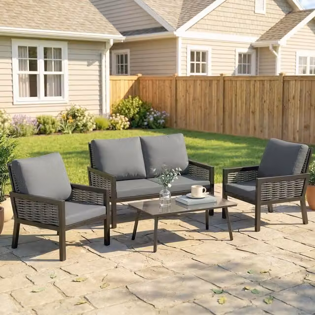 Outsunny Rattan Garden Furniture Set in Dark Grey with 2 Chairs, 1 Loveseat Sofa, 1 Table and 4 Seat Cushions