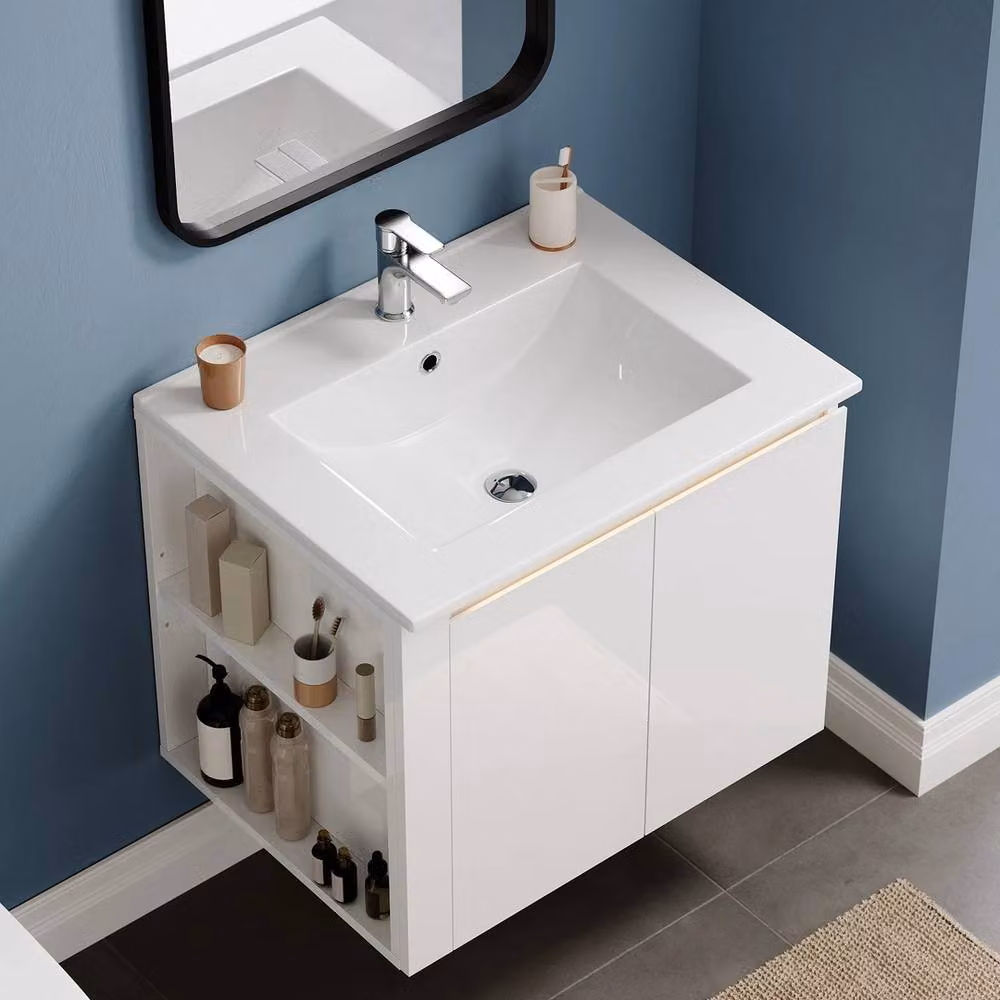 FORGEVIO White Glossy Wall Mounted Bathroom Vanity Unit with Integrated LED Light and Internal Shelves – 2