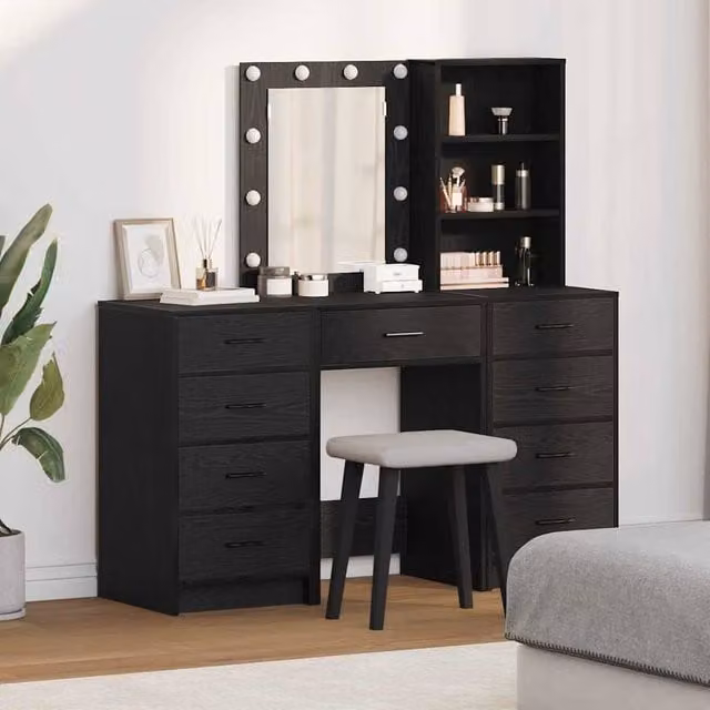 Berkfield Home 3-Piece Hollywood LED Dressing Table Set in Matt Black MDF – 1