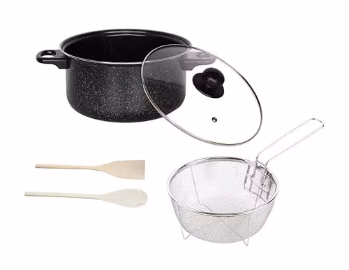 Almineez 5pc Black Non Stick Chip Pan Set with Frying Basket, Pot and Glass Lid, 2l, 24cm – 5