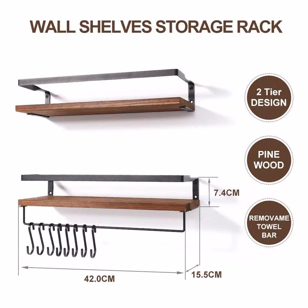 Havendro 2-Piece Brown Wooden Floating Wall Shelves with Hooks – 2