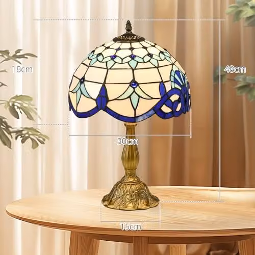 HOMCOM Tiffany Stained Glass Table Lamp in Blue with Antique Copper and Gold/Brass Finish – 6