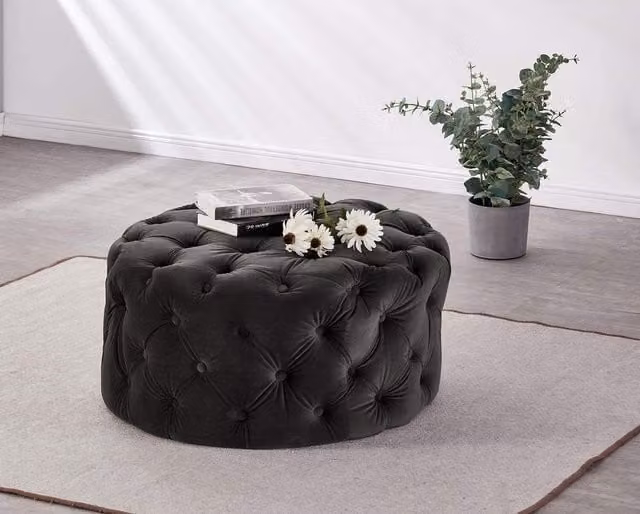 Life Interiors Melia Round LUX Velvet Pouffe in Charcoal Grey