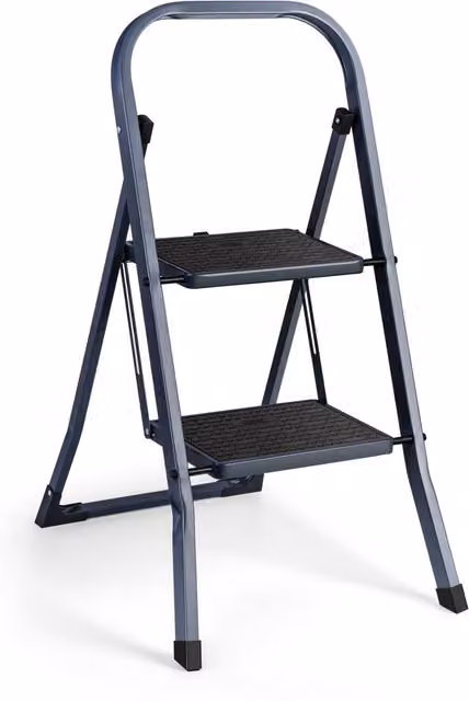 VonHaus 2 Step Steel Folding Ladder in Grey with 150kg Max Capacity and Anti-Slip Rubber Feet – 1