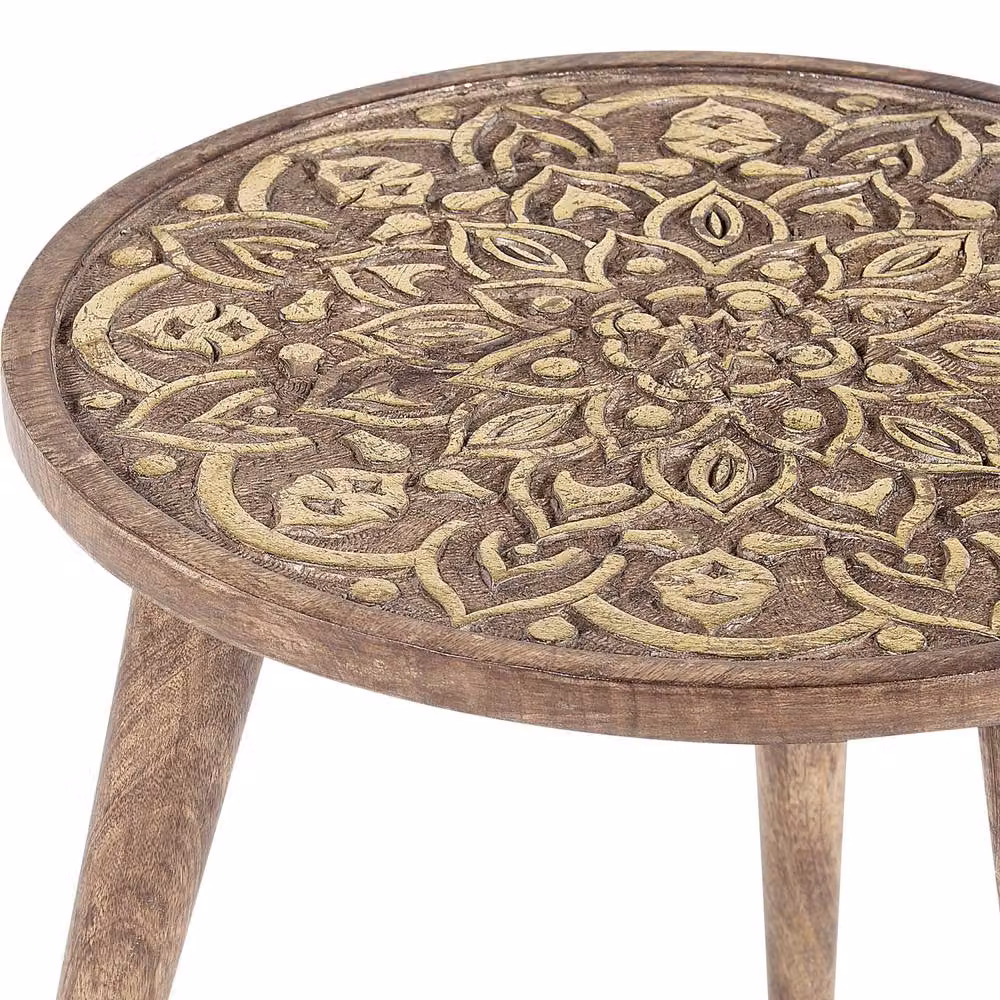 Wyld and Coco Set of 2 Brown Mango Wood Side Tables with Oriental Floral Design – 3
