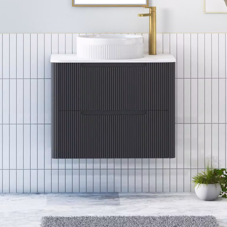 Royal Bathrooms Avenza Wall Hung Vanity Unit with 2 Drawers and Round Basin in Matt Obsidian Black