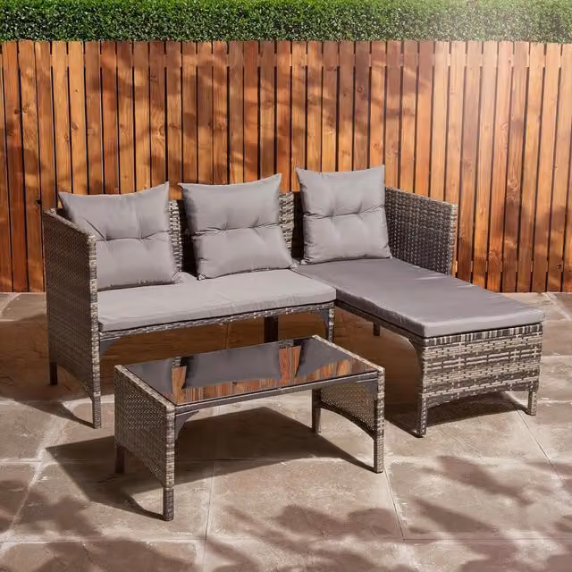Home Treats 4 Seater Grey Rattan Corner Sofa Set with Metal and Glass Table