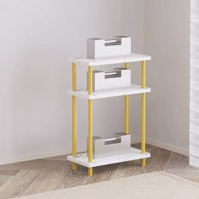 VOGREX White Marble and Gold 3-Tier Narrow Storage Bedside Table
