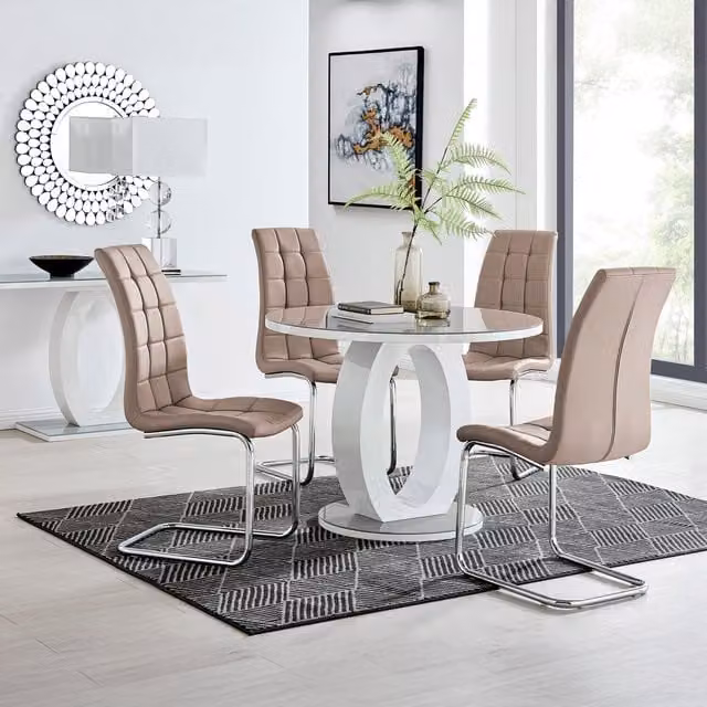 FurnitureboxUK Giovani Grey Round Glass Dining Table with 4 Murano Chairs in Cappuccino, Diameter: 100 cm