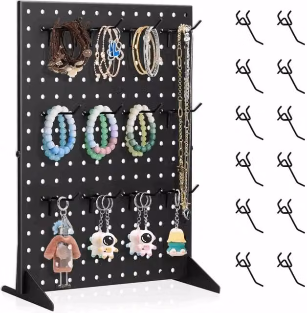 Kelvenix Black Metal Freestanding Pegboard Display Stand with 12 Peg Hooks