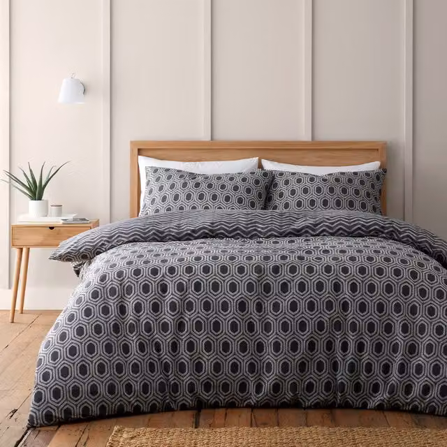 Divante Iona Geo Reversible Graphic Art Deco Duvet Set, Black, 140 x 200 cm