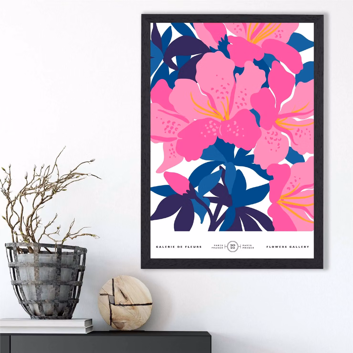 ARTZE Abstract Pink and Blue Orchid Flower Market Gallery Framed Print, Mid Blue, A2 – 2
