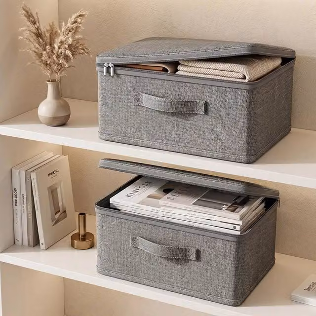 KORVIXA 6-Piece Set of Large Foldable Canvas Storage Boxes in Grey, Width: 90 cm – 1