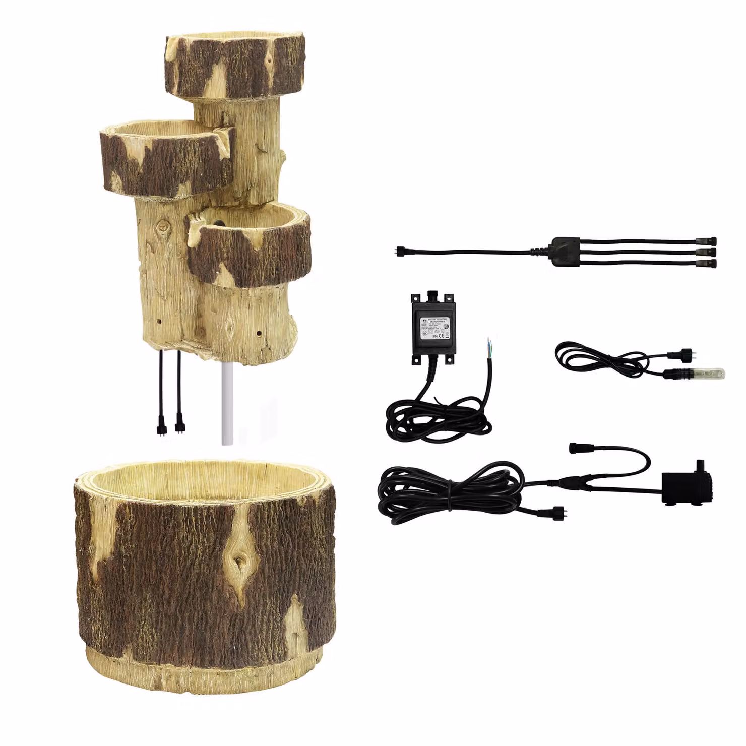 Primrose Log Cascading 3 Tier Water Feature with Lights in Natural Brown, Height: 75 cm – 2