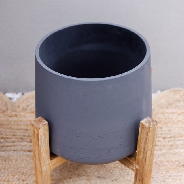 Primrose Textured Concrete Round Garden Planter with Wooden Stand, Grey