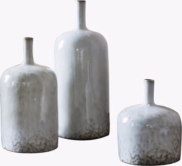 Perch & Parrow Set of Three Minimalist Ceramic Tabletop Vases in White, Grey and Beige