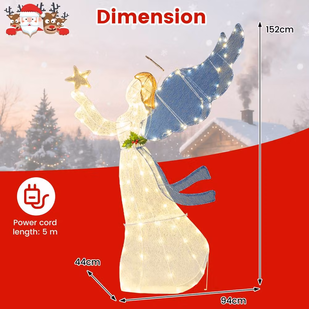 Costway 5FT 3D Glittered Christmas Angel Decoration with Wings and LED Lights in White and Multicolour, Height: 152.4 cm – 7
