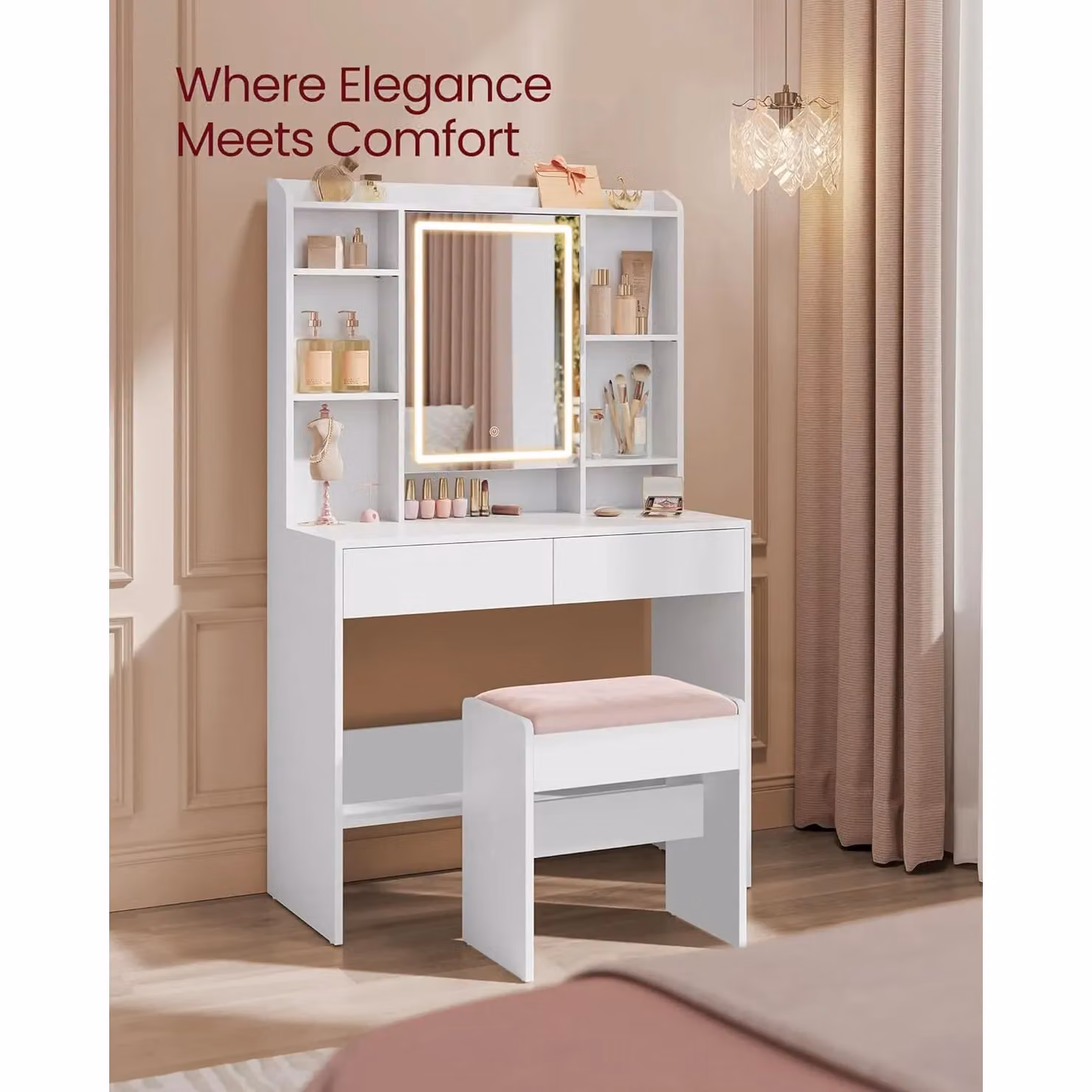 VASAGLE Plush Upholstered Vanity Seat in Light Pink – 2