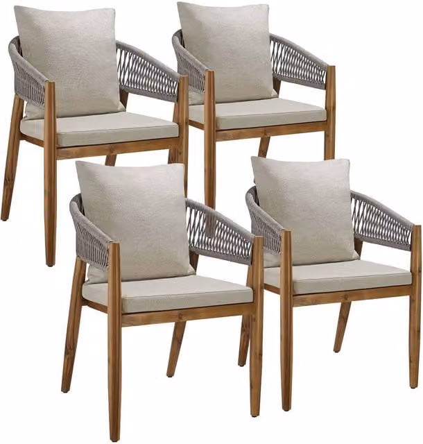 tectake Manacor Garden Chair Set for 4 Adults in Beige with Acacia Wood and Fabric Cushions – 1