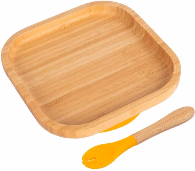 Tiny Dining Bamboo Square Baby Weaning Plate and Fork Set in Yellow